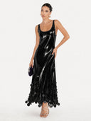 Exquisite Party Tips Sequin Irregular Round Tassels Hem Back Cutout Tank Maxi Dress