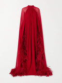 Exquisite Feather Trim Chiffon Cape Maxi Dress