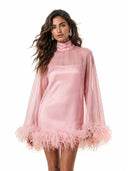 Elegant Feather Trim Sheer Sleeve Party Mini Dress