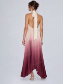 Elegant Ombre Pleated Halter Keyhole Maxi Dress