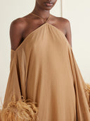 Elegant Halter Off-Shoulder Feather-Trim Maxi Evening Dress