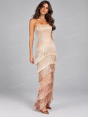 Strapless Metallic Fringe Maxi Dress
