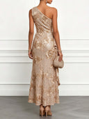 Elegant Floral Sequin One-Shoulder Ruched Maxi Dress