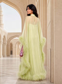 Elegant Feather Trim Sheer Chiffon Cape Maxi Dress