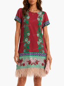 Retro Floral Print Feather-Hem Mini Dress