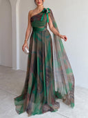 Elegant One-Shoulder Printed Tulle Cape Maxi Dress