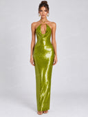 Sexy Sequin Halter Neck Cutout Maxi Dress