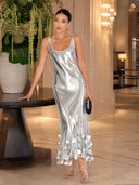 Exquisite Party Tips Sequin Irregular Round Tassels Hem Back Cutout Tank Maxi Dress