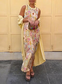 Retro Tile Print Sleeveless Maxi Dress Two Piece Set