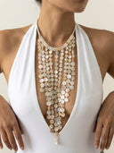 Mother of Pearl Disc Fringe Statement Necklace