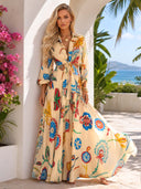 Retro Colorful Floral Print Tie-Front Shirt & Maxi Skirt Two-Piece Set