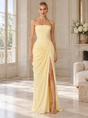 Strapless Pleated Slit Maxi Dress