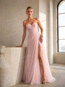 Elegant Pink Strapless Pleated Tulle Maxi Dress