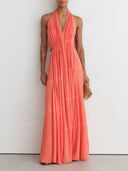 Elegant Halter Neck Pleated Cutout Maxi Dress