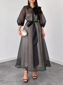 Elegant Sheer Organza Overlay Tie-Waist Midi Dress