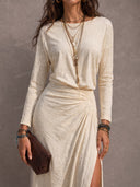 Casual Crew Neck Pleated Slit Maxi Dress