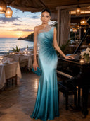 Elegant Gradient One-Shoulder Tulle  Satin Maxi Dress