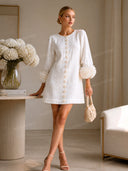 Elegant Floral Cuff Button-Front Mini Dress