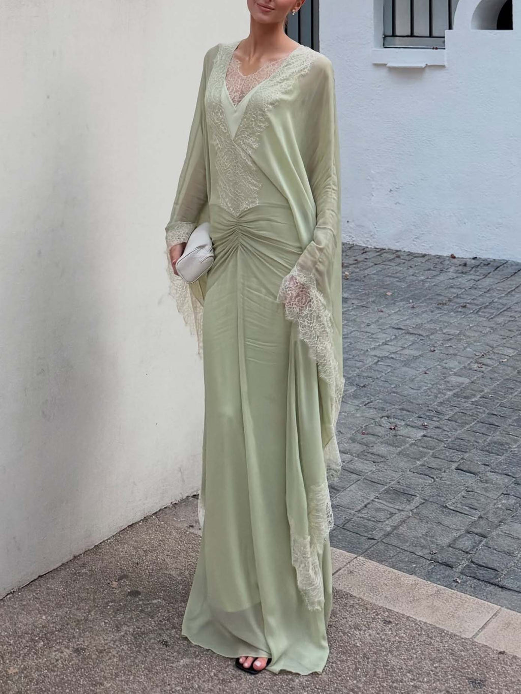 Elegant Lace-Trim Cape Sleeve Ruched Maxi Dress