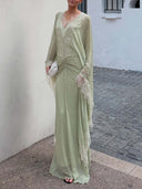 Elegant Lace-Trim Cape Sleeve Ruched Maxi Dress