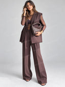 Tailored Blazer Vest Mesh Bodysuit Wide Leg Pants Three Piece Set