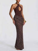 Elegant Cross Halter Cutout Sequined Maxi Dress