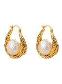 Pearl Drop Woven Gold Hoop Earrings