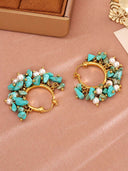 Natural Turquoise Pearl Charm Hoop Earrings