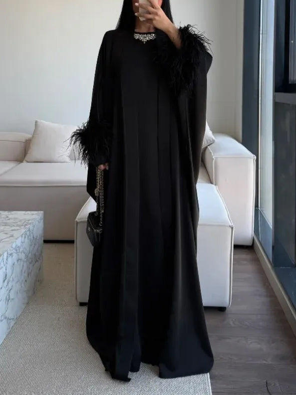 Elegant Feather-Trim Long Cardigan & Maxi Dress Set