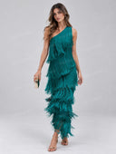 One Shoulder Tiered Fringe Maxi Dress
