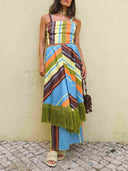 Colorful Striped Crop Top & Fringe Skirt Two-Piece Set