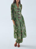 Retro Floral Print Frog Button Long Coat & Wide Leg Pants Set