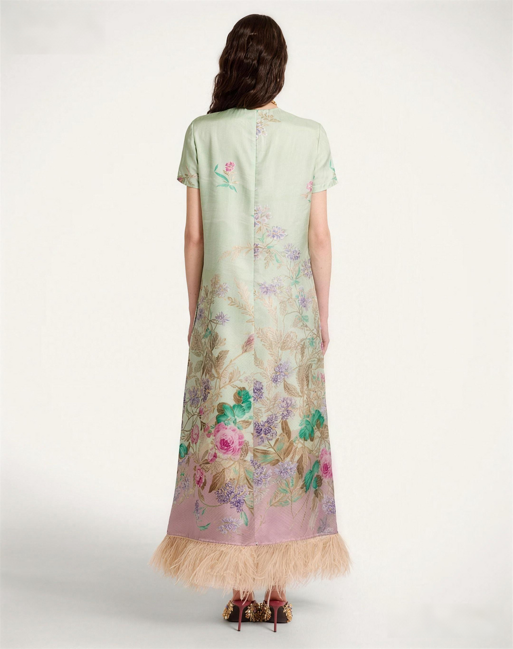 Pastel Floral Print Feather Trim Maxi Dress