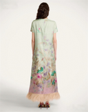 Pastel Floral Print Feather Trim Maxi Dress