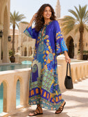 Unique Painted Print Satin Kaftan Maxi Dress