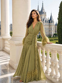 Elegant V-Neck Feather Cuff Flowing Chiffon Maxi Dress