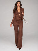 Sexy Draped Plunge Neck Top & Flare Pants Two Piece Set