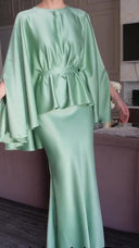 Satin Cape Sleeve Peplum Mermaid Maxi Dress Set