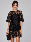 Sequin Floral Lace Sheer Mini Dress