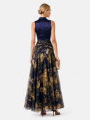 Elegant High Neck Satin Floral Chiffon Maxi Dress