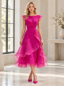 Elegant Organza Pleated Waist Ruffle Midi Dress