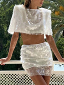 Elegant Sequin Cape Crop Top & Mini Skirt Set