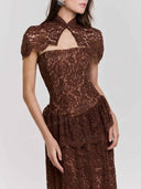 Elegant Lace Cape Peplum Maxi Dress