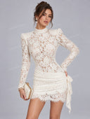 Elegant High Neck Lace Ruched Mini Dress