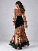 Elegant Velvet Color Block Lace Trim Maxi Dress