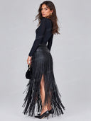 Elegant Fitted Long Sleeve Top & Fringe Maxi Skirt Two Piece Set