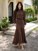 Elegant Ruffle Top & Ruched Mermaid Maxi Skirt Two-Piece Set