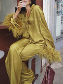 Elegant Satin Feather-Trim Flared Sleeve Two-Piece Set