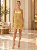 Exquisite Halter Layered Fringe Mini Dress