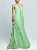 Elegant Chiffon Pleated Braided Halter Neck Backless A-line Maxi Dress